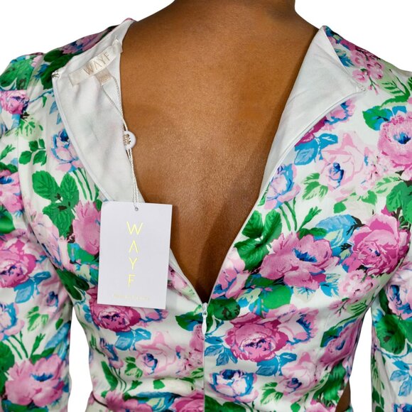 Wayf Pink Floral Print on White Satin Long Sleeve Dress with Side Cut Outs - NWT - Picture 9 of 12